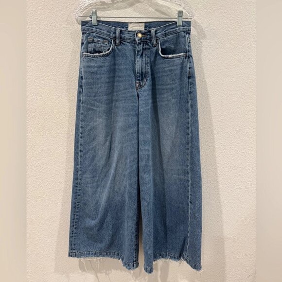 Current/Elliott Wide Leg Crop Bromes Denim Distressed Blue Jeans Size 27 - Picture 1 of 13
